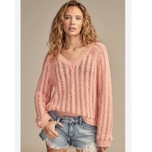 Open stitch pullover Lucky Brand NWT L blooming dahlia boho pink V-neck sweater